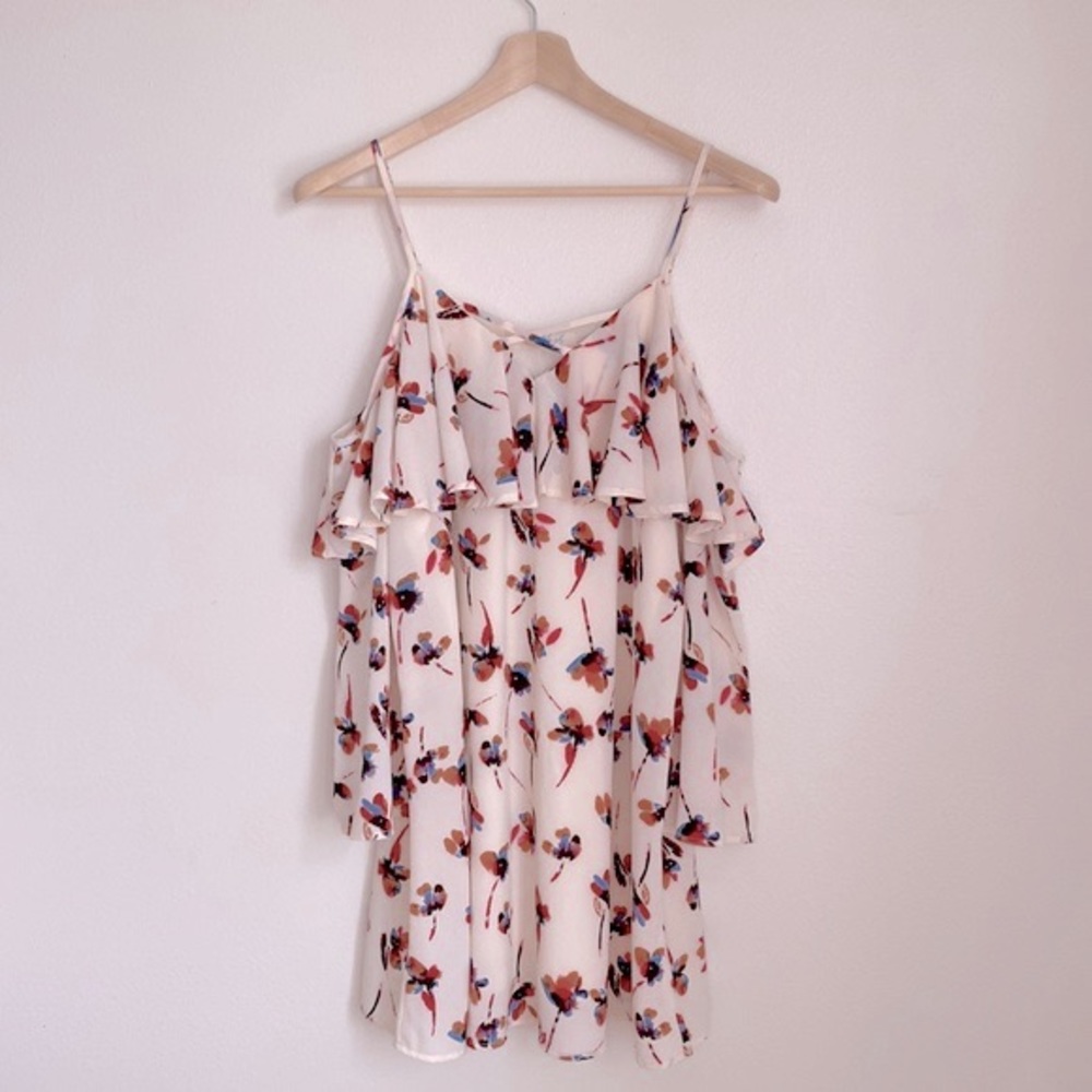 Lela Sky | Cold Shoulder Floral Ruffle Tent Dress w|adjustable Spaghetti Straps